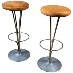 Pair of Piet Hein Original Cognac Leather Bar Stools, Denmark, 1976