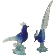 Paire d'oiseaux/panthères en verre d'art Sommerso par les studios de verre de Murano