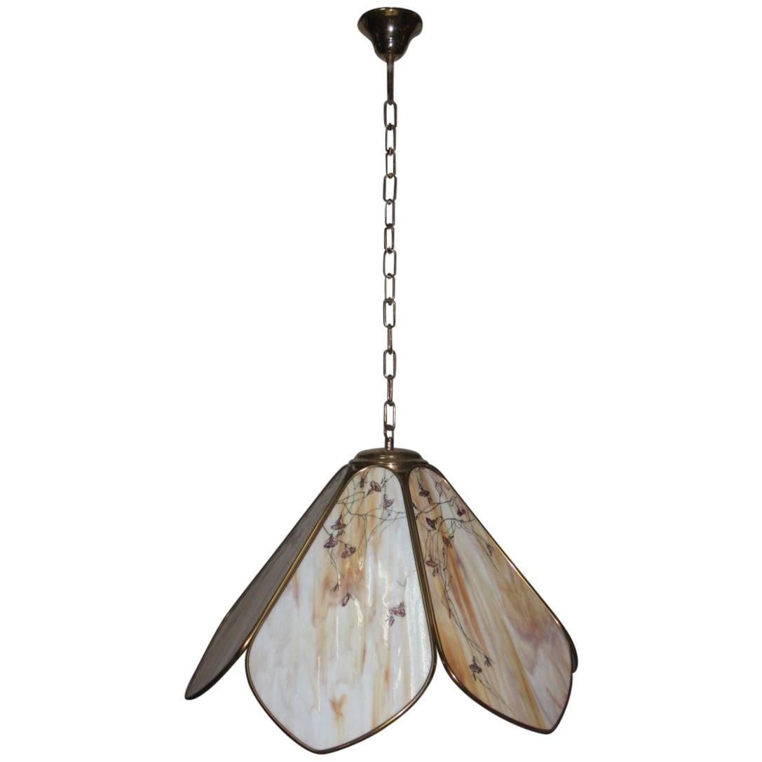 Italian Ceiling Lamp Very Chic Design Brass and Decorated Glass, 1970s