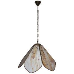 Italian Ceiling Lamp Very Chic Design Brass and Decorated Glass, 1970s