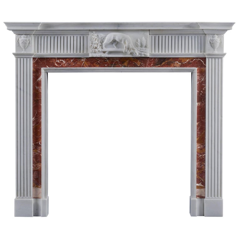 Antique Neoclassical Fireplace Mantel Style in Jasper and Statuary Marbles For Sale