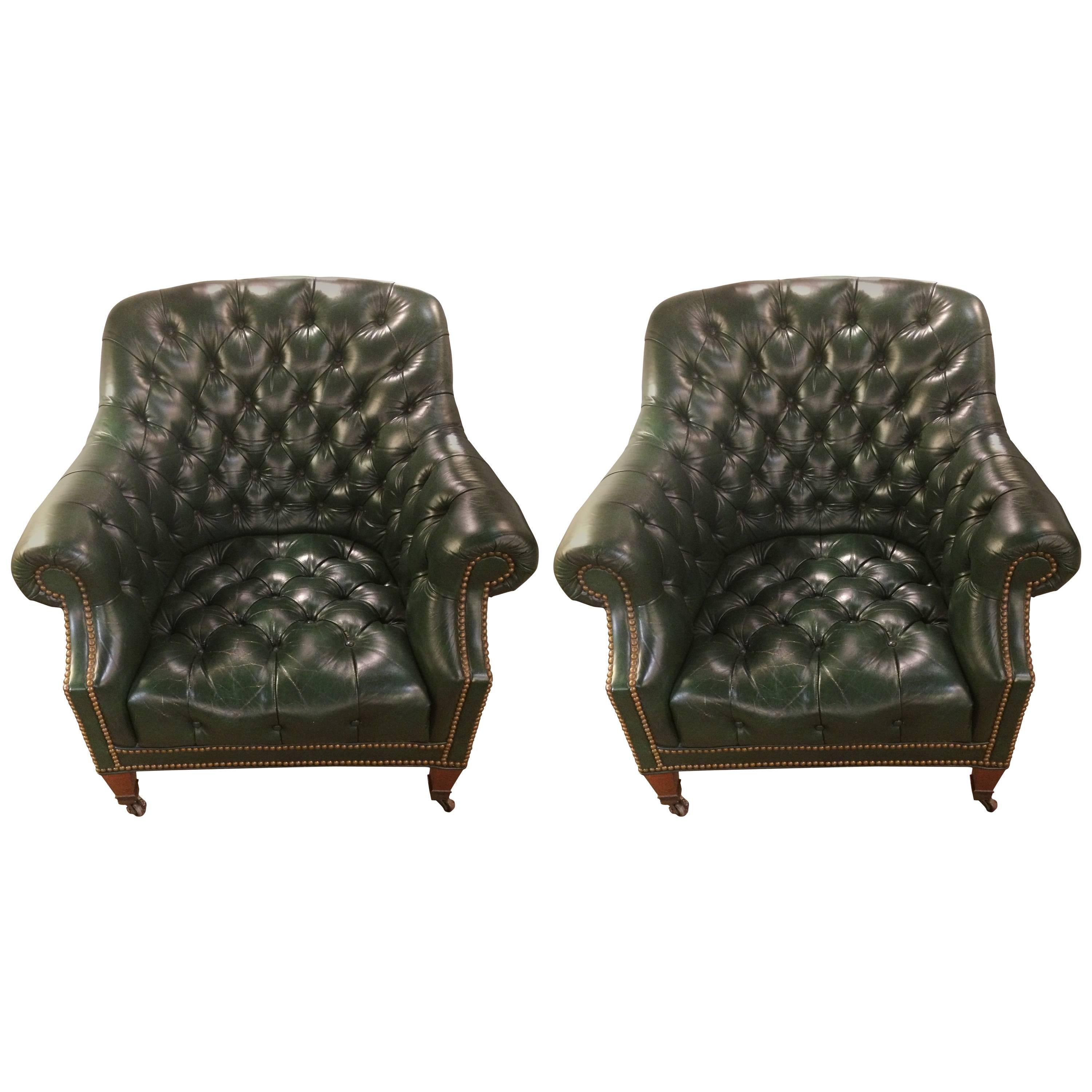 Yummy Pair of Dark Green Leather Tufted Club Chairs