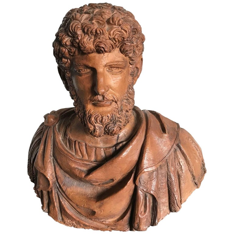 Antique Italian Terracotta Bust Sculpture of Lucius Verus, circa 1880