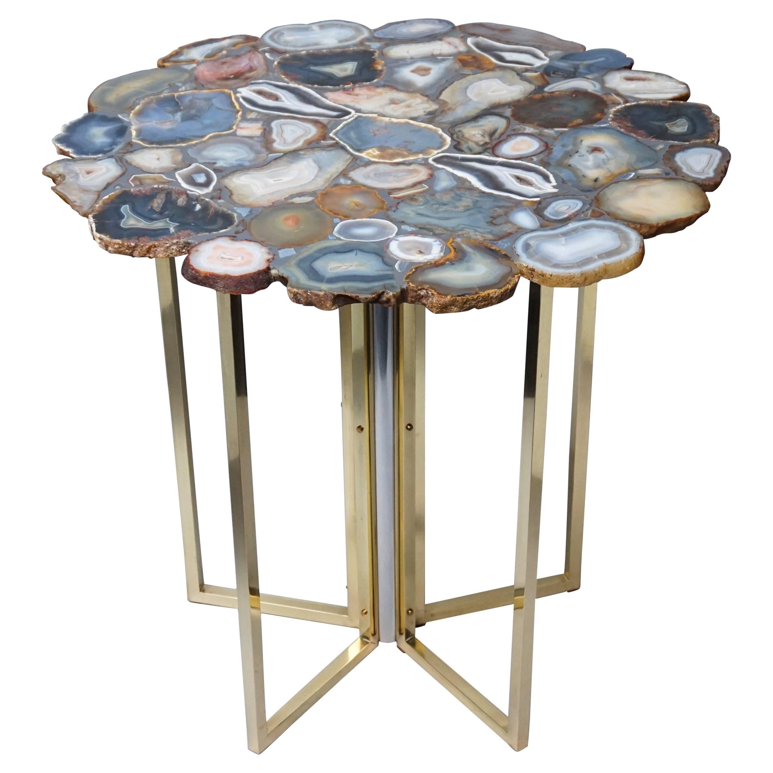 1960s Vintage Agate Top, Brass and Chrome Legs, Side Table