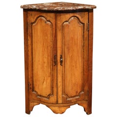 Antique 18th Century French Louis XV Walnut Corner Cabinet with Bow Front and Marble Top