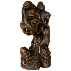 Antique 19th Century Monkeys and Octopus Japanese Boxwood Sculpture Okimono Signed