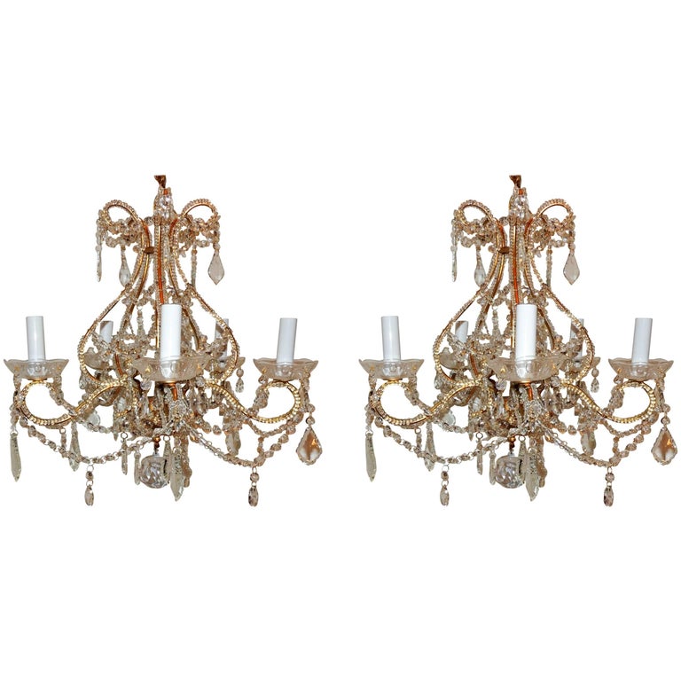Wonderful Pair Beaded Gold Gilt Italian Crystal Chandeliers FiveLight