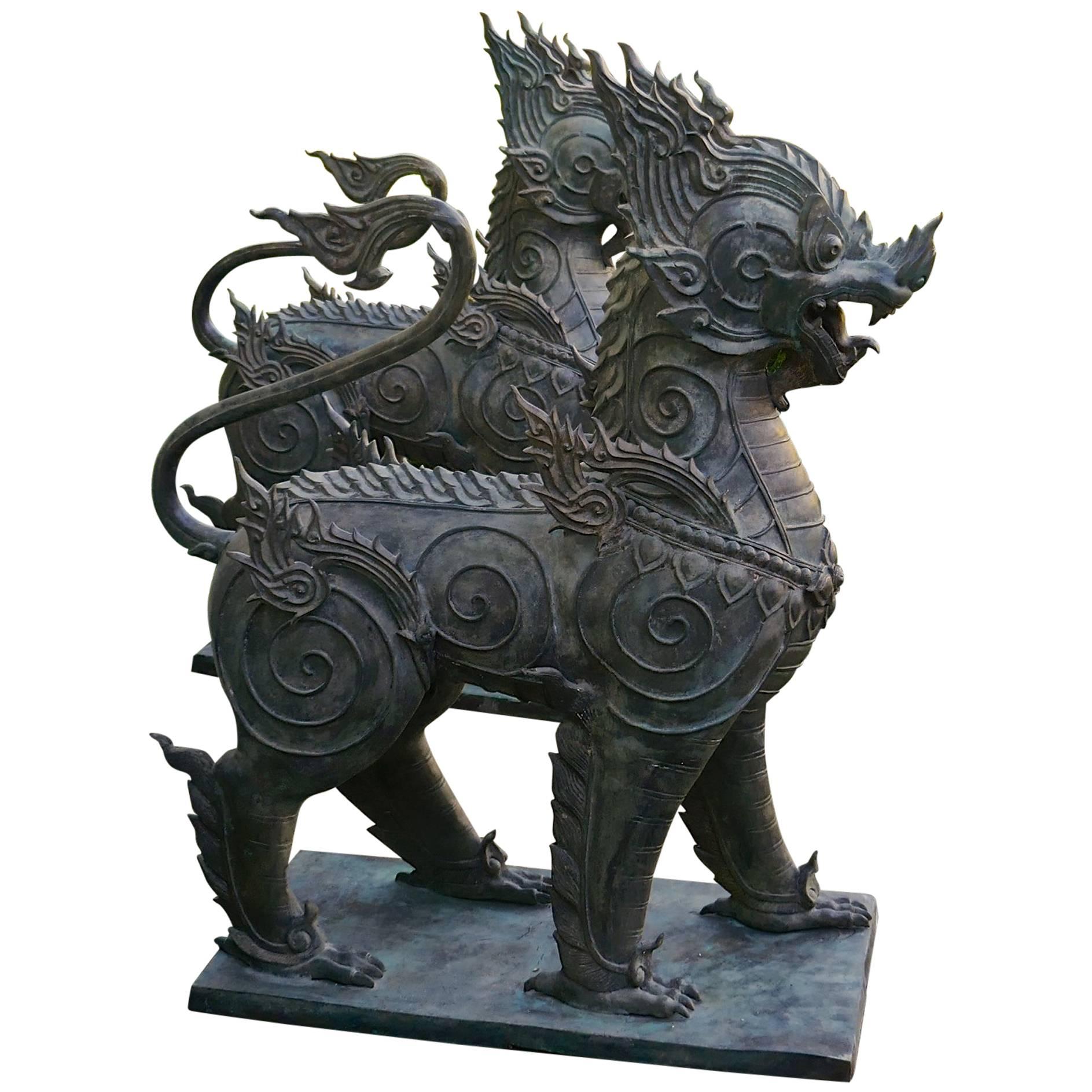 Pair of Large Bronze Thai Temple Guardian Foo Lion Dogs