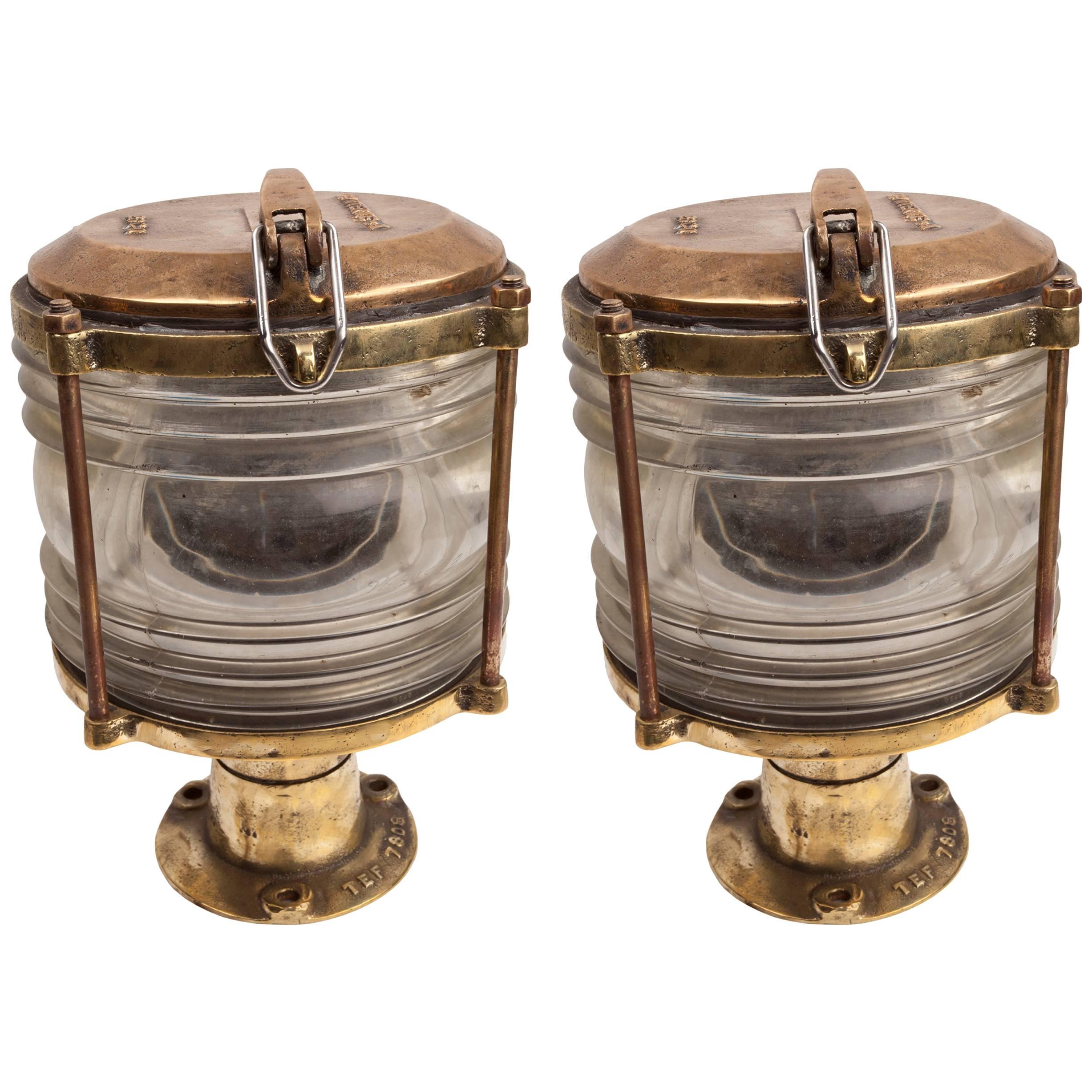 Pair of Brass and Fresnel Lens Nautical Navigation Lights, 1970s