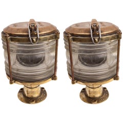 Retro Pair of Brass and Fresnel Lens Nautical Navigation Lights, 1970s