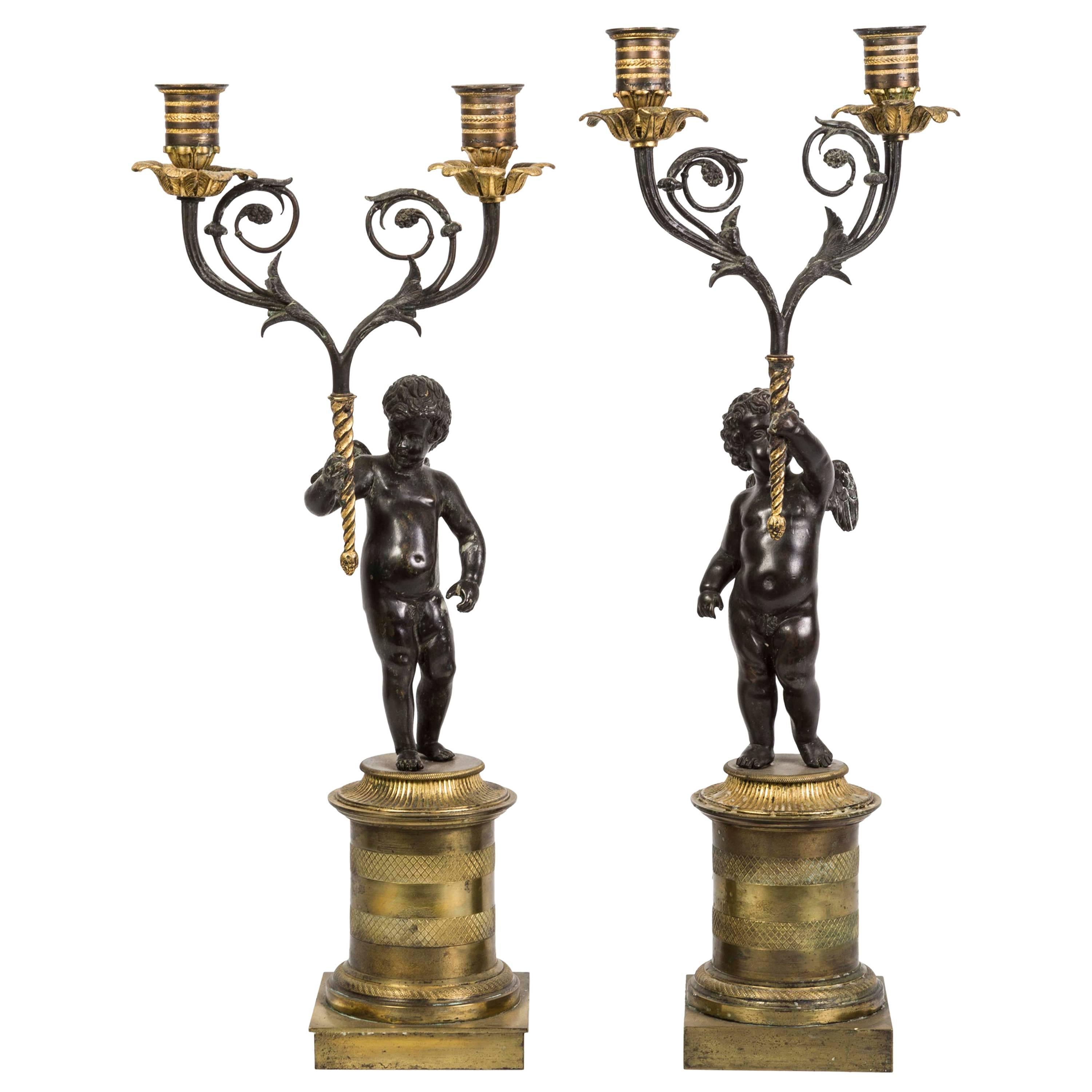 Pair of Bronze Doré Cherub Candlesticks, 19th Century