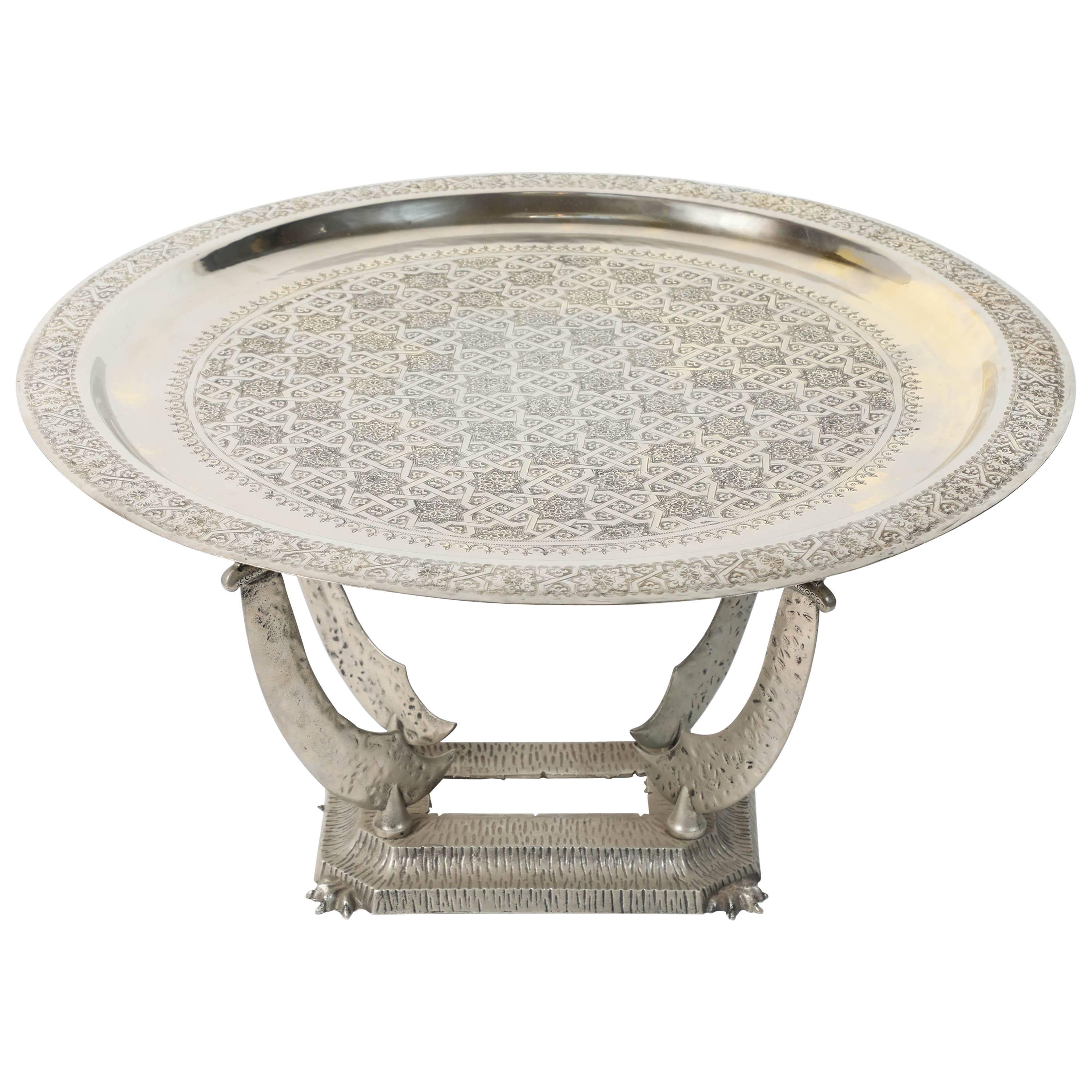 Moroccan Silvered Hand-Crafted Tray Table with Metal Stand