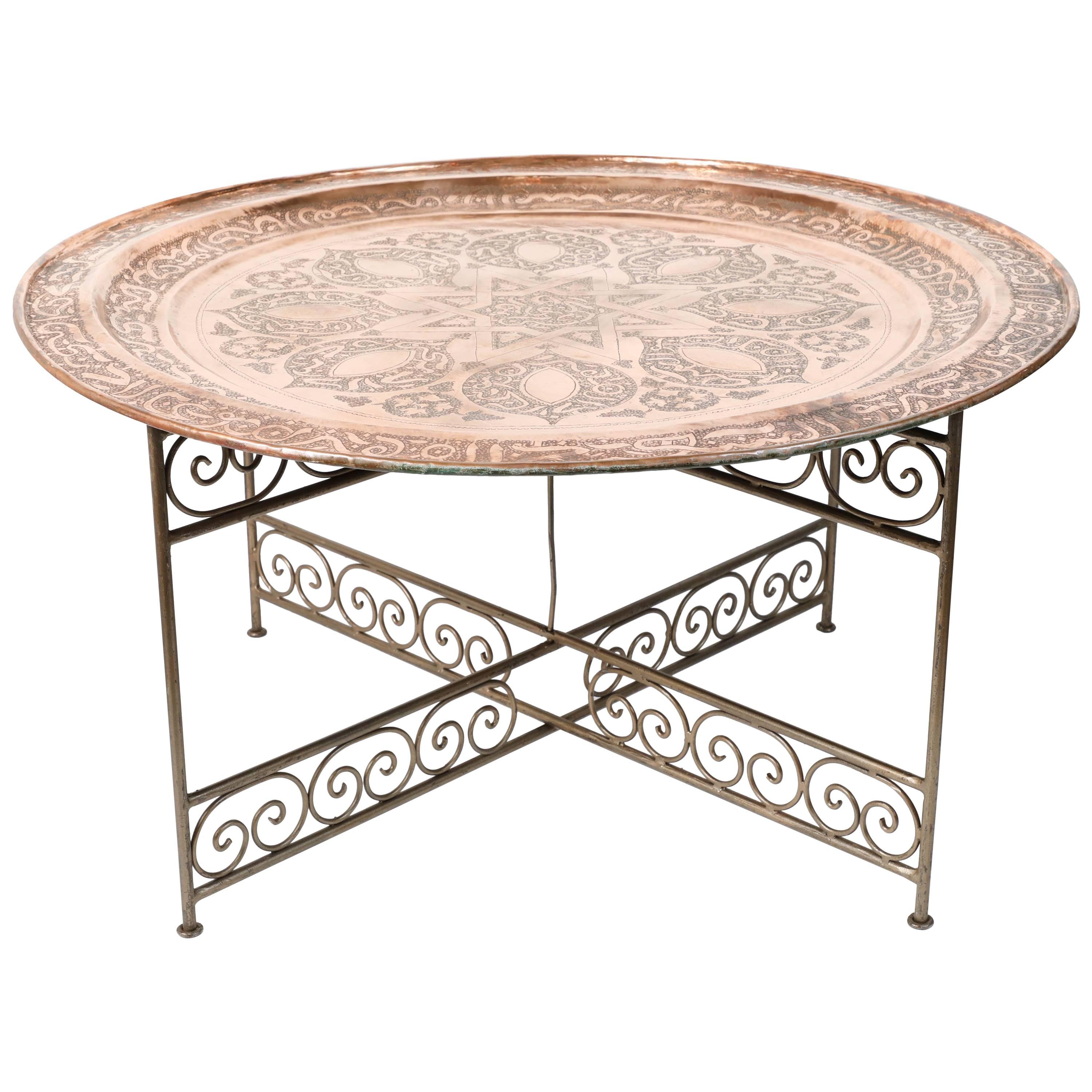 Handcrafted Moroccan Moorish Round Copper Tray Table on Iron Base