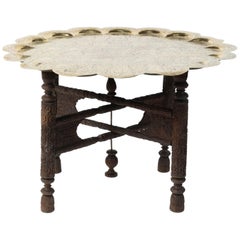 Anglo Indian Hammered Moorish Round Polished Brass Tray Table on Folding Stand