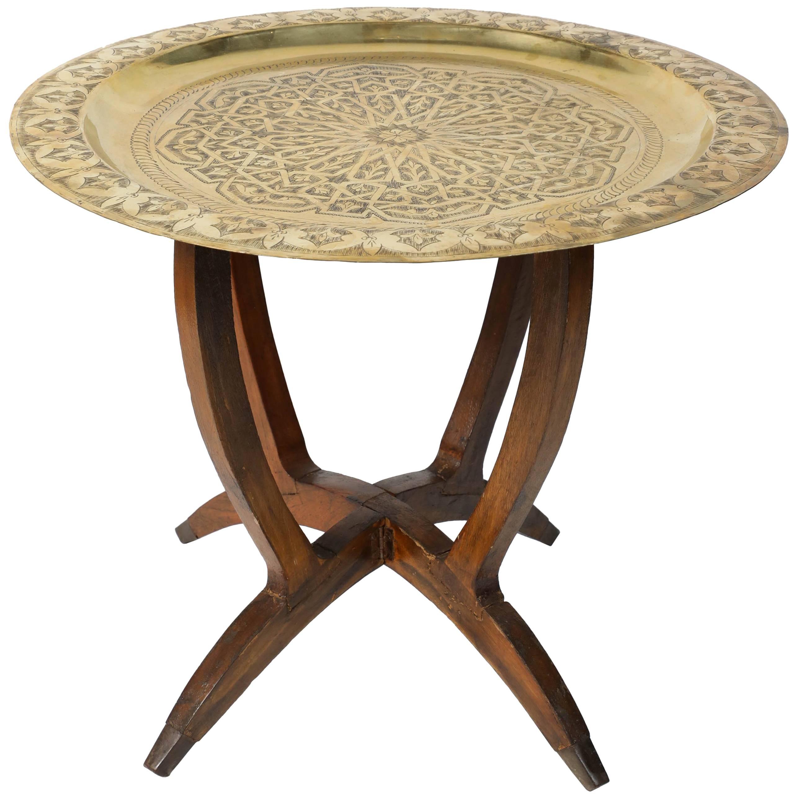 Polished Moroccan Brass Tray Side Table on Spider-Leg 1950