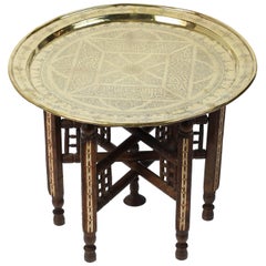 Middle Eastern Syrian Antique Brass Tray Table with Wooden Folding Stand