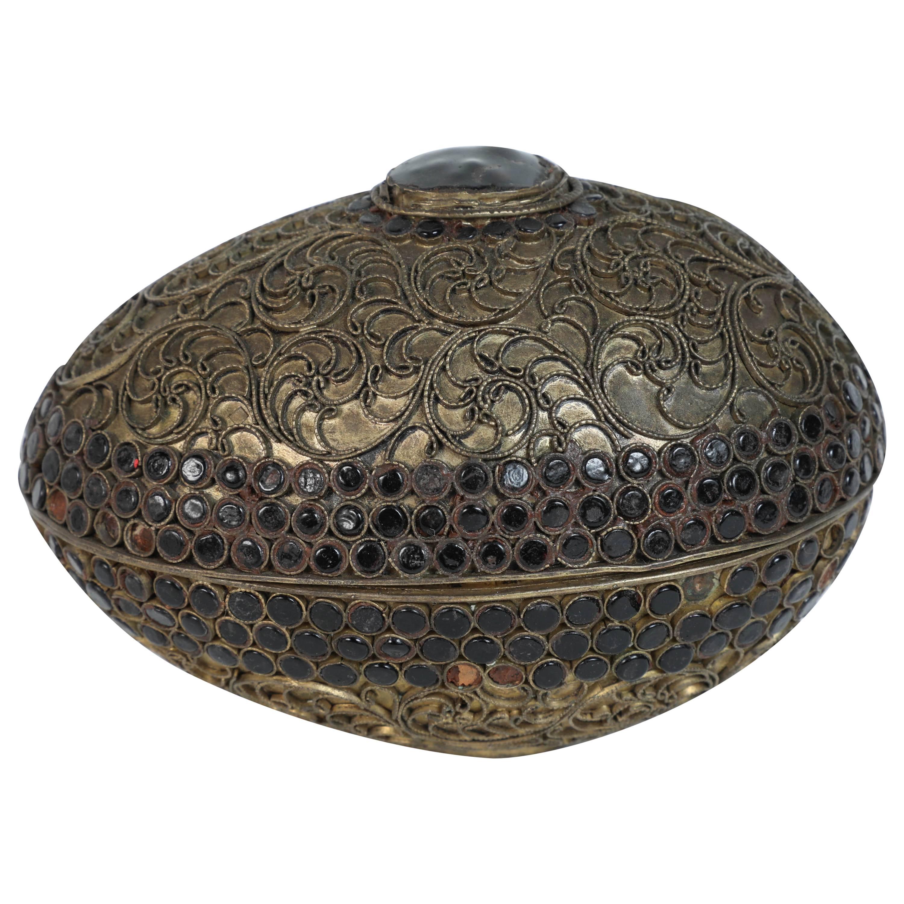 Asian Box in Metal Silvered with Filigree Decoration Black Stones