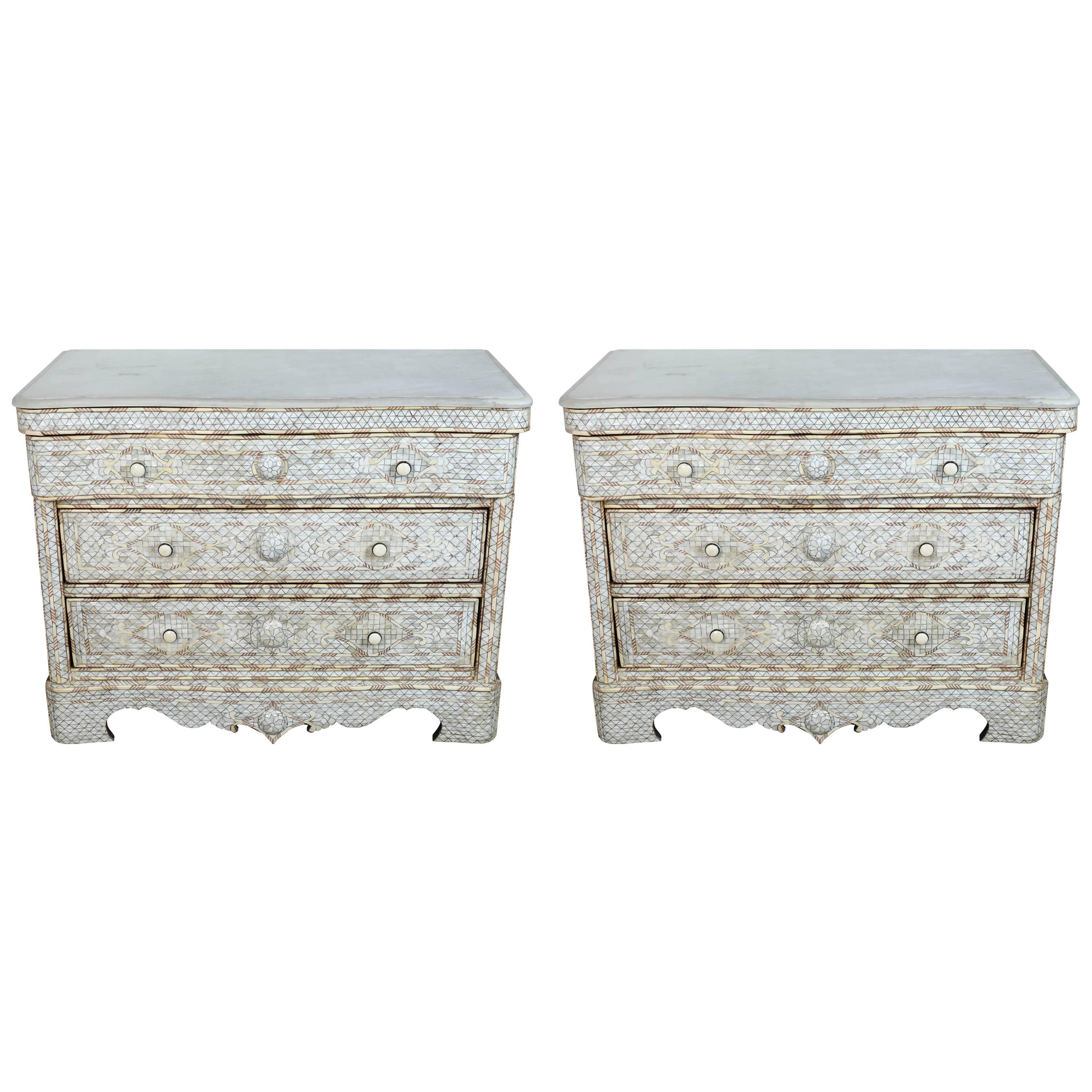 Pair of Syrian White Mother-of-Pearl Inlay Wedding Dressers
