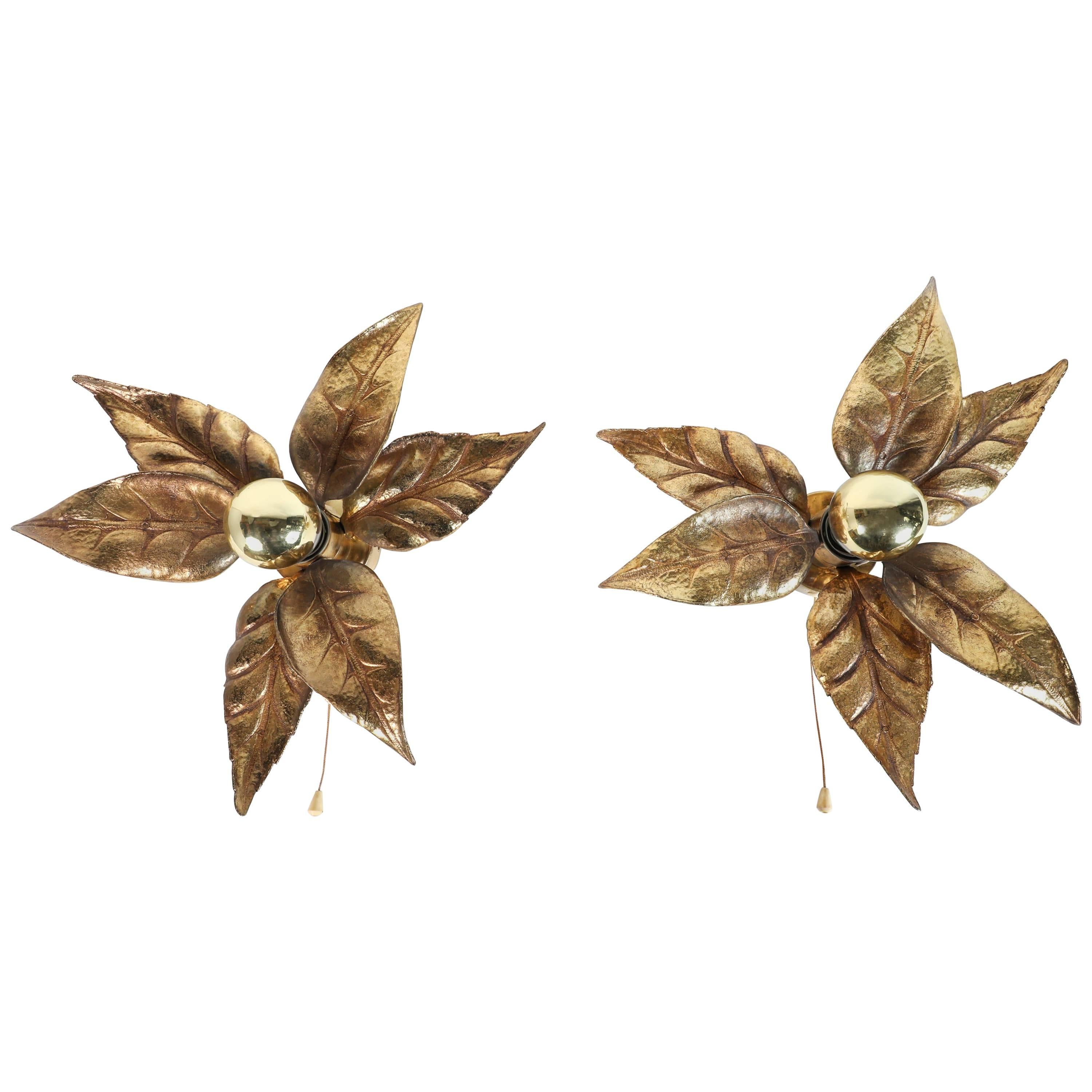 Willy Daro Leaf Shaped Brass Wall Lights for Massive, Belgium circa 1970s