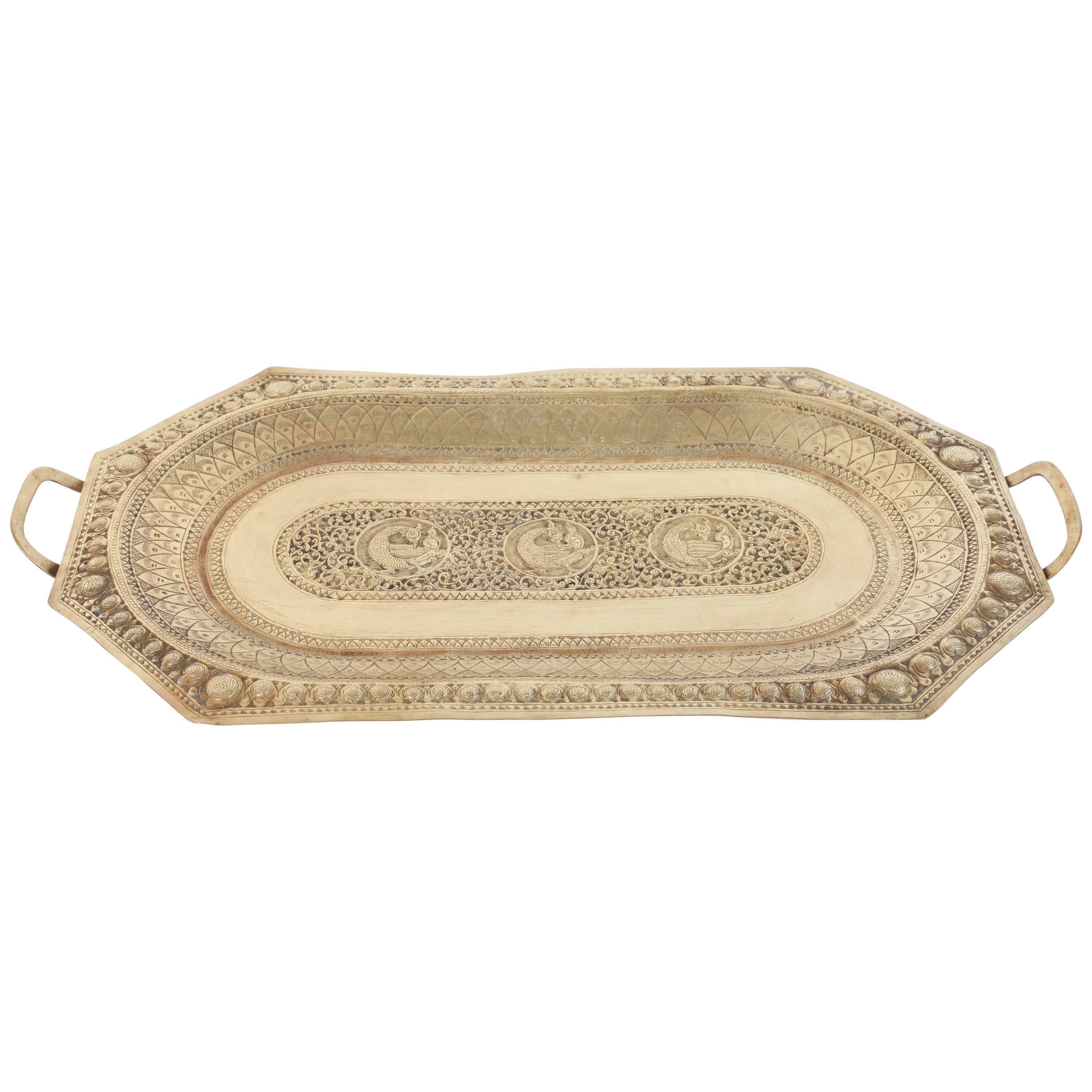 Indo Persian Brass Charger Serving Tray For Sale