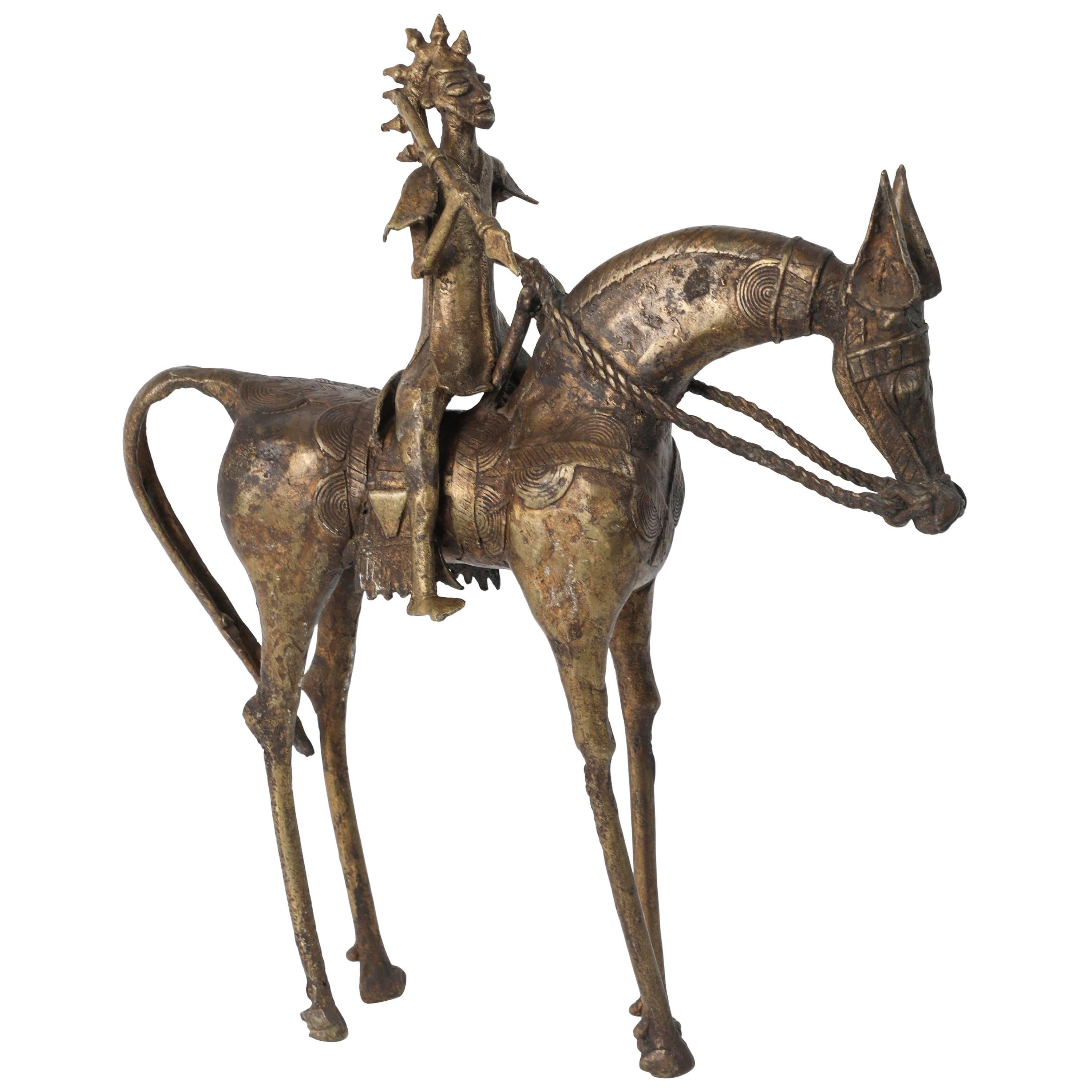 African Brass Sculpture of a Tribal Warrior on Horse