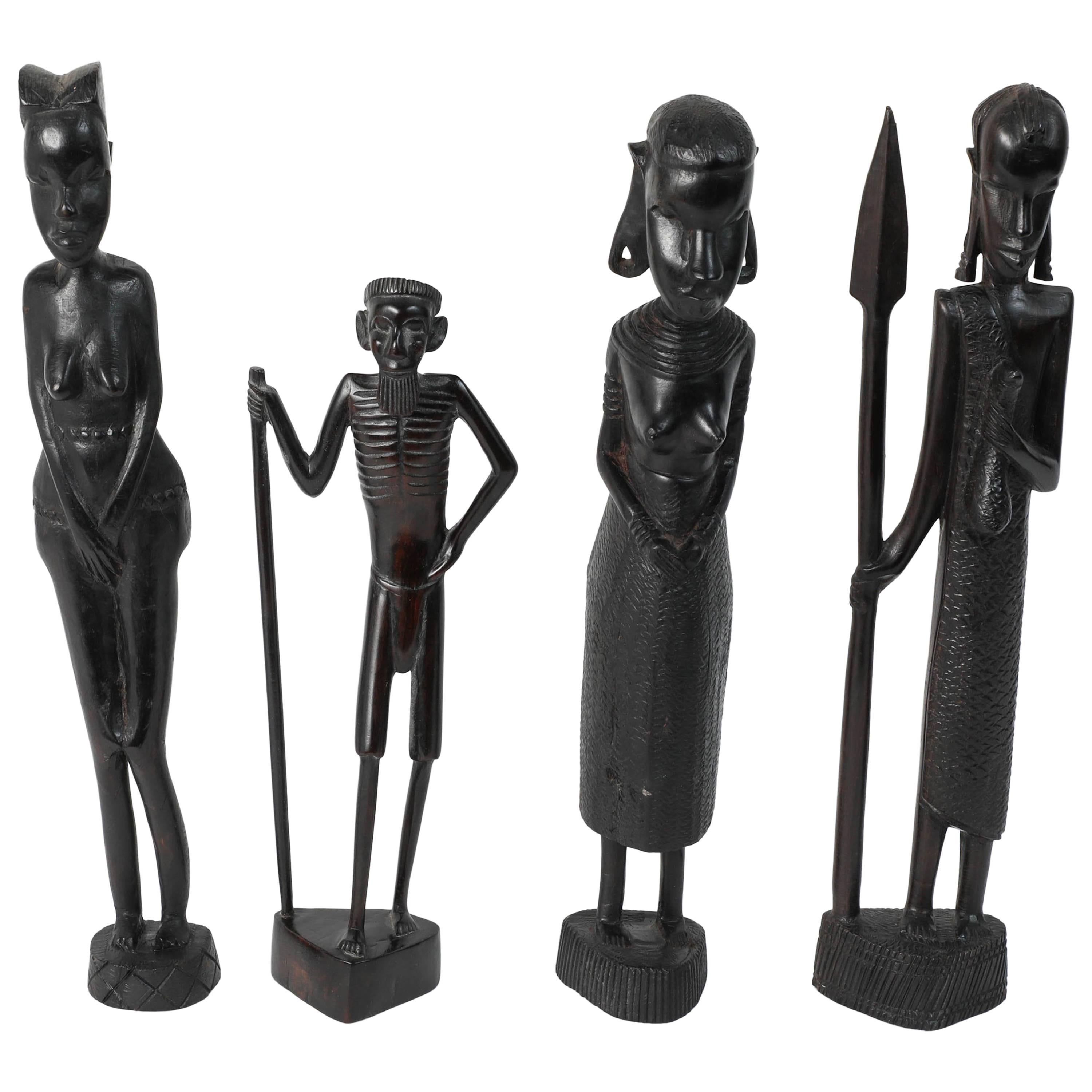 Decorative Hand-Carved African Set of Four Statues from Kenya