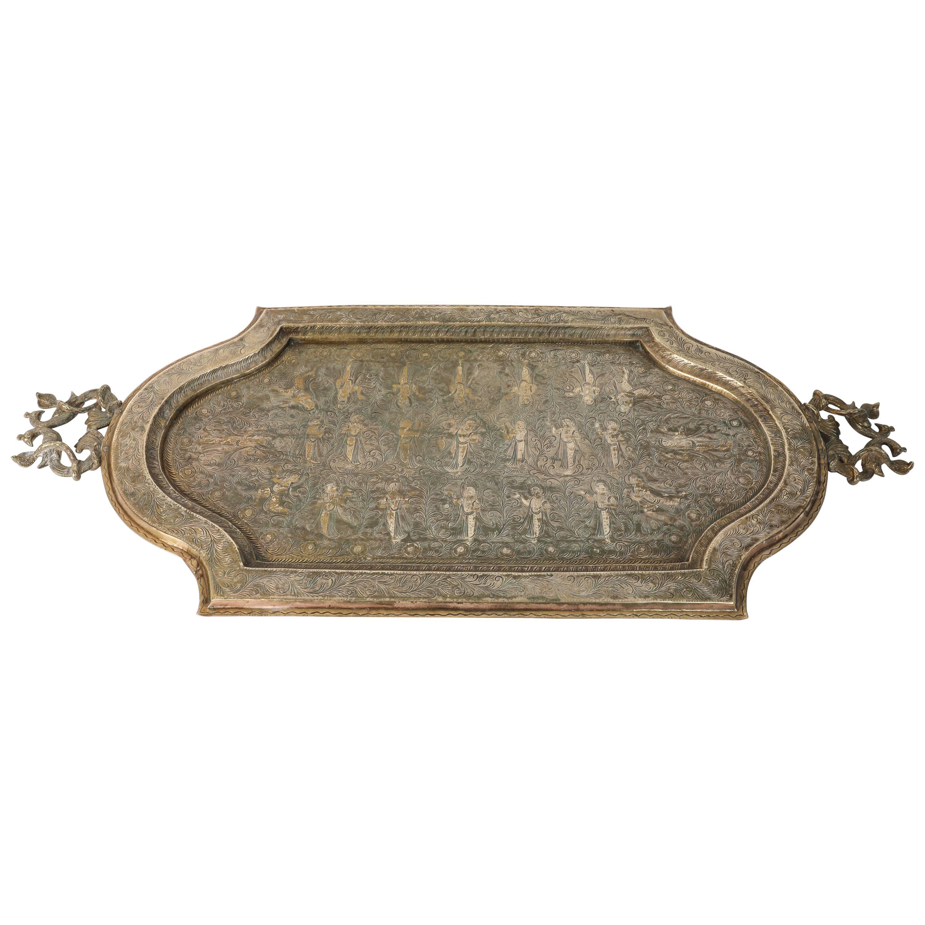 Antique Indian Mughal Rectangular Engraved Brass Serving Tray