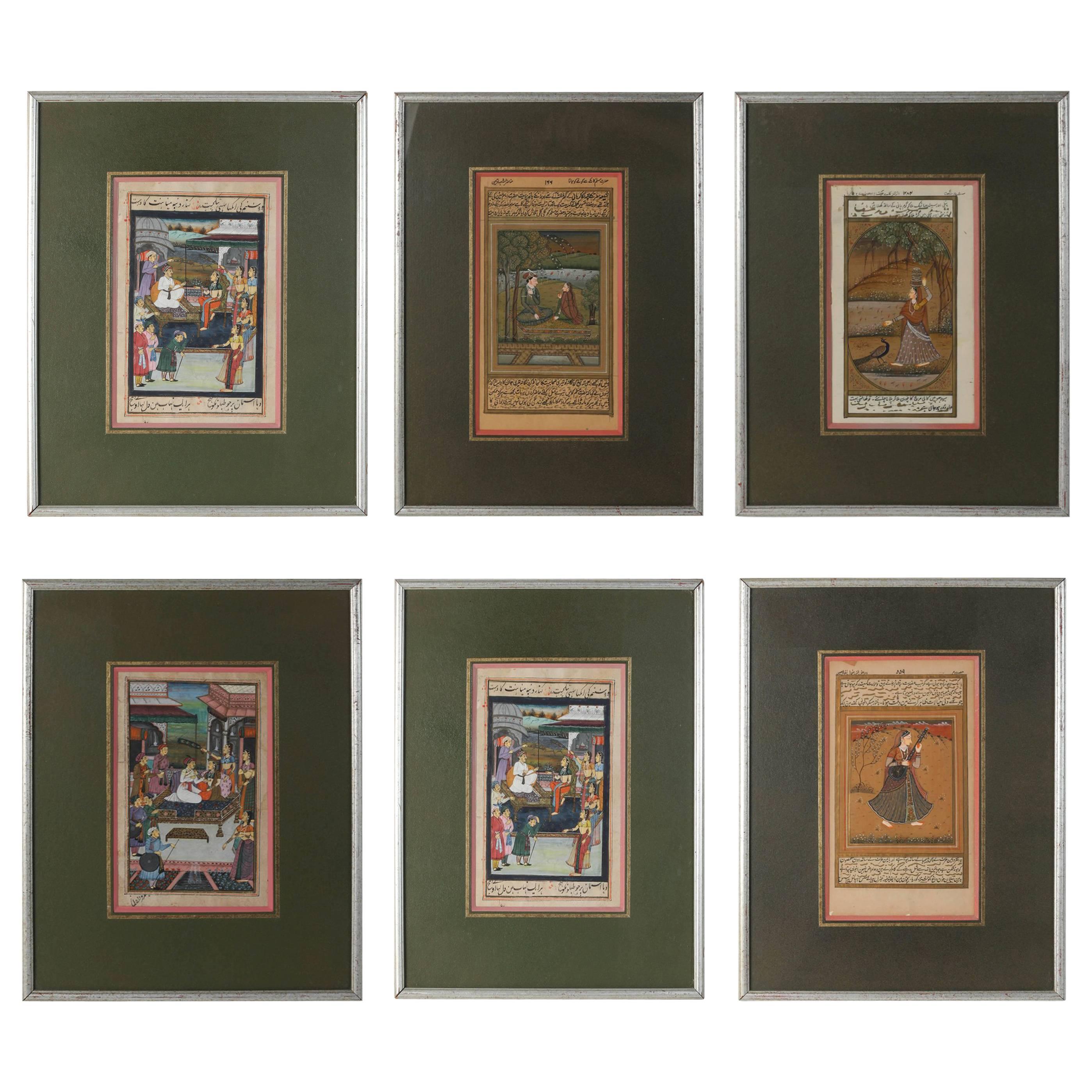 Set of Six Indian Mughal Miniature Framed Paintings