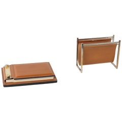 Delvaux Paris Leather and Brass Note Pad and Letter Rack Desk Set 