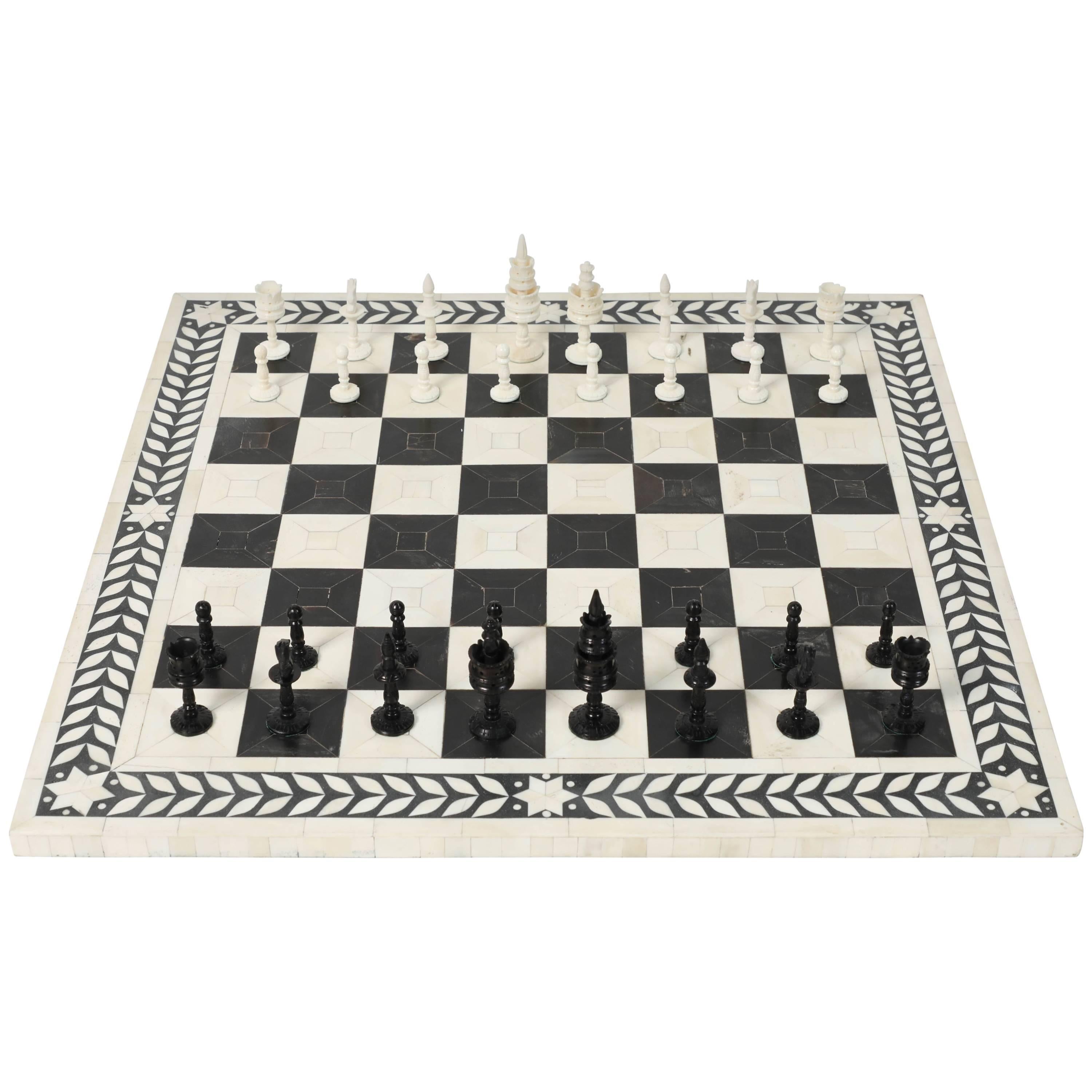 Large Vizagapatam Chess Set with Elaborately Hand-Carved Bone Chess Pieces