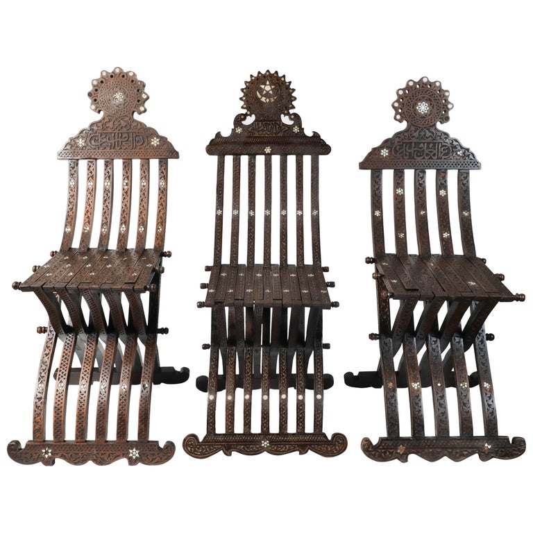 Syrian MotherofPearl Inlaid Wooden Folding Chair For Sale at 1stdibs