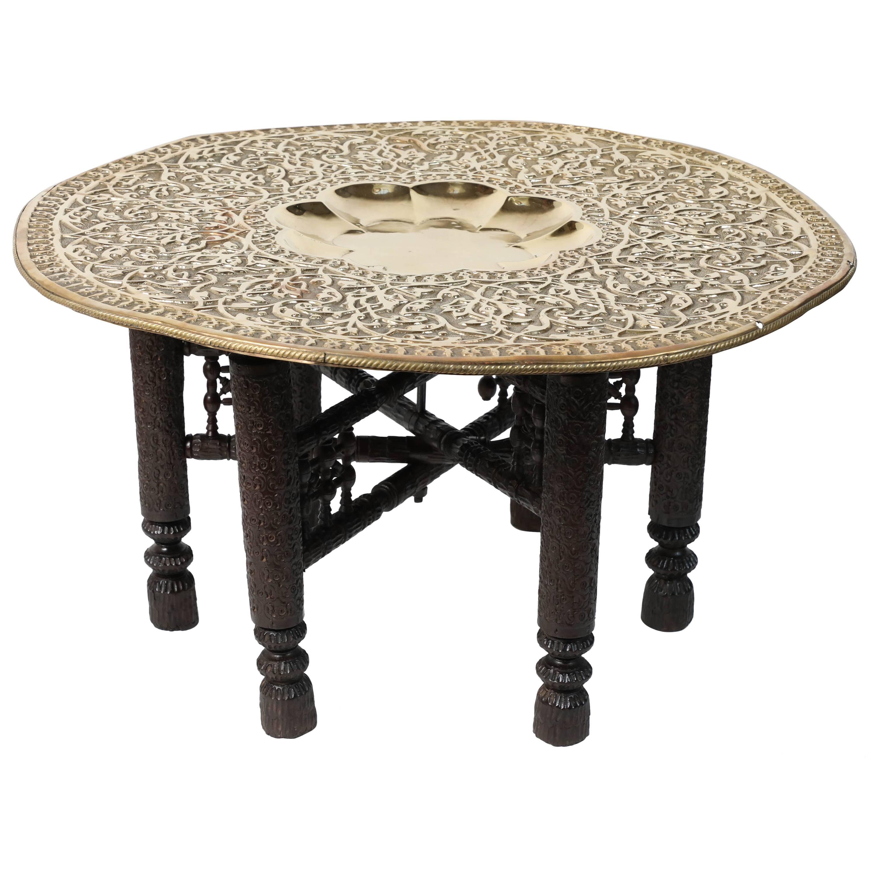Mughal Empire Antique Brass Tray Table with Hand-Carved Wooden Folding Stand
