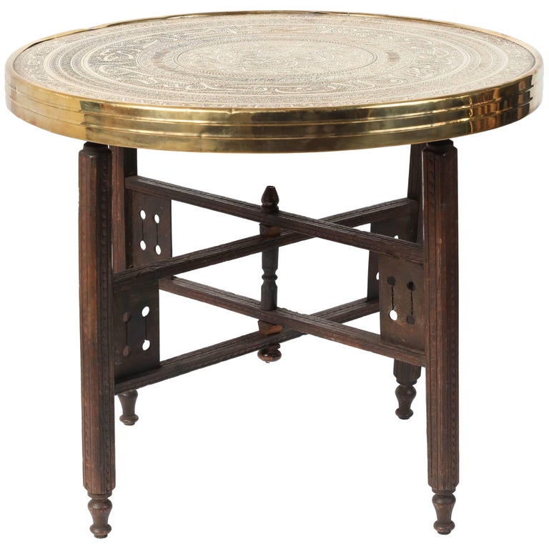 Brass Embossed Tray Table with Arabic Calligraphy Writing and Folding Base at 1stDibs
