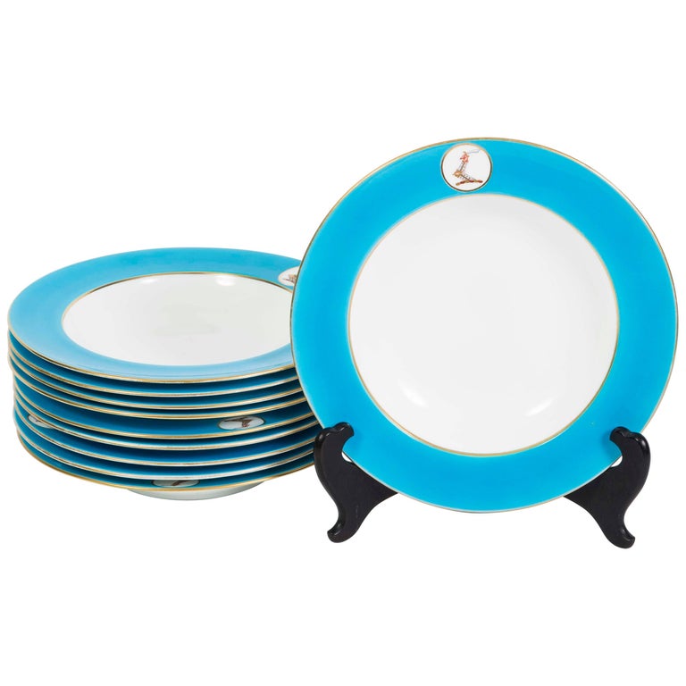 Set of Ten 19th Century Minton China Turquoise Rimmed Bowls For Sale at