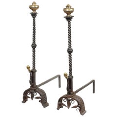 Pair of Late 17th Century Italian Wrought Iron and Gilt Brass Fire Dogs
