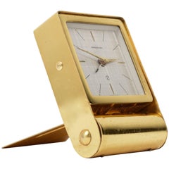 Retro Jaeger Le Coultre Travel Alarm, Table Clock Gold-Plated Metal, Switzerland