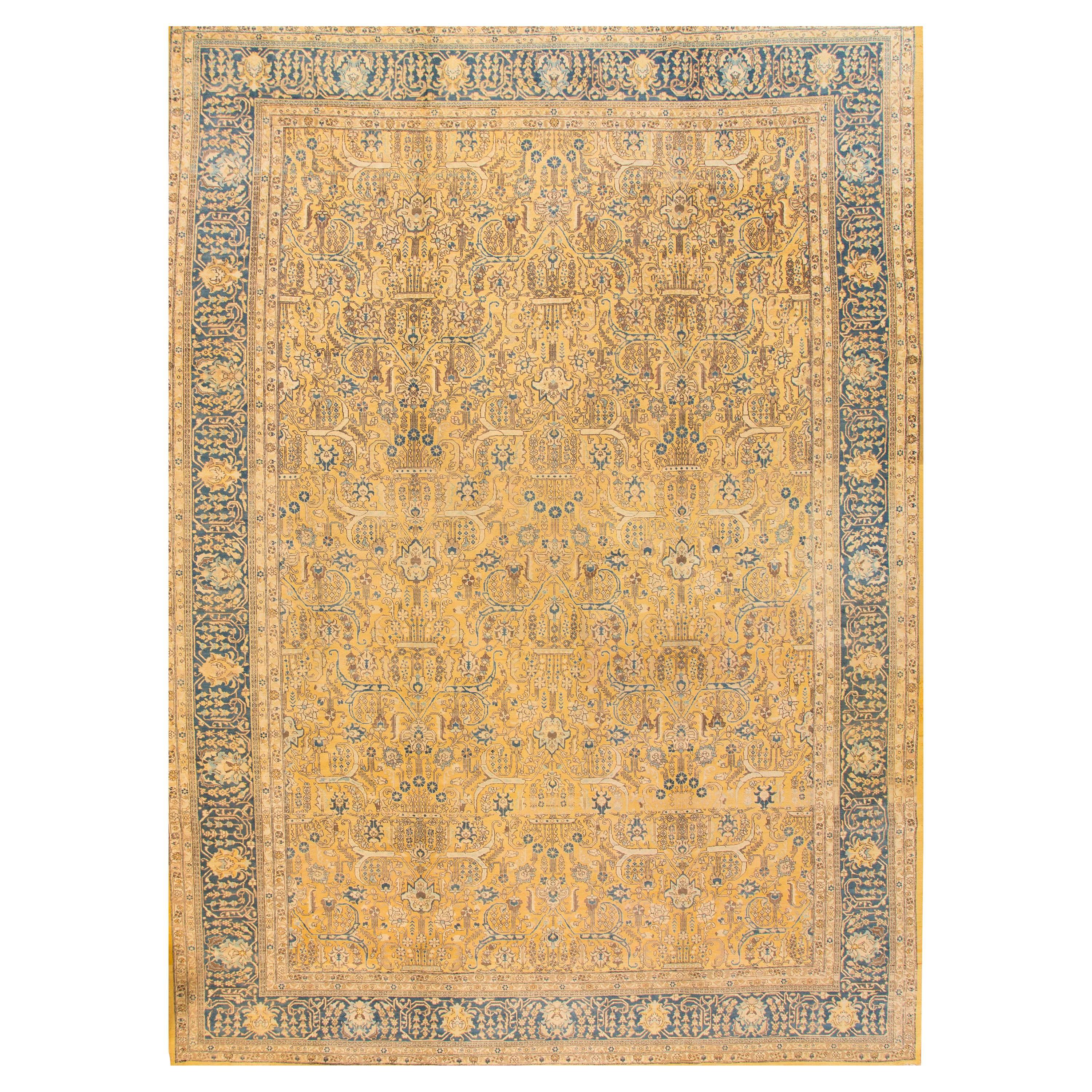 Tapis persan Tabriz antique jaune/vert à motifs floraux en vente