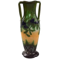 French Art Nouveau Cameo Glass Vase with Applied Handles by Daum