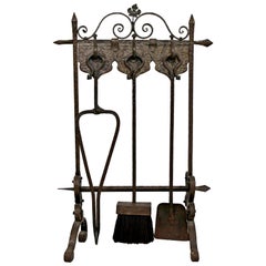 French Art Deco Hand-Forged Wrought Iron Fireplace Tool Set