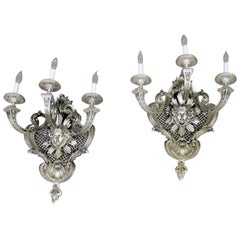 Antique Very Fine Pair of Late 19th Century Silvered Bronze Three-Light Sconces