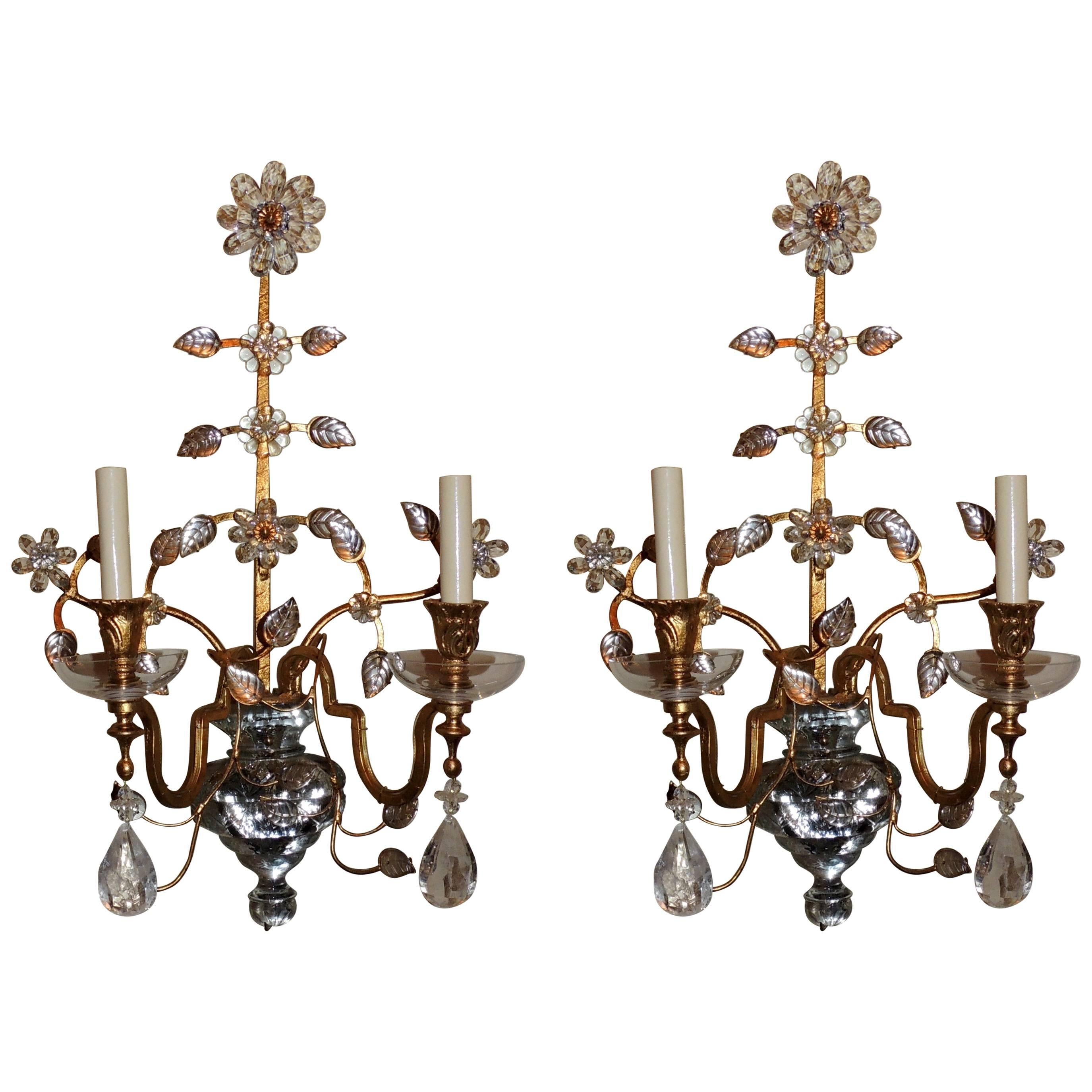 Pair of French Bagues Jansen Rock Crystal Gold Gilt Glass Two-Arm Sconces