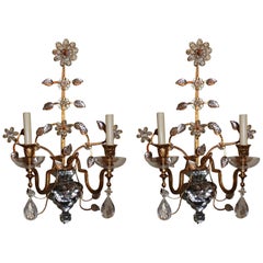 Pair of French Bagues Jansen Rock Crystal Gold Gilt Glass Two-Arm Sconces