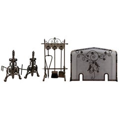 French Art Deco Hand-Forged Wrought Iron Andiron Fireplace Tool Set and Screen