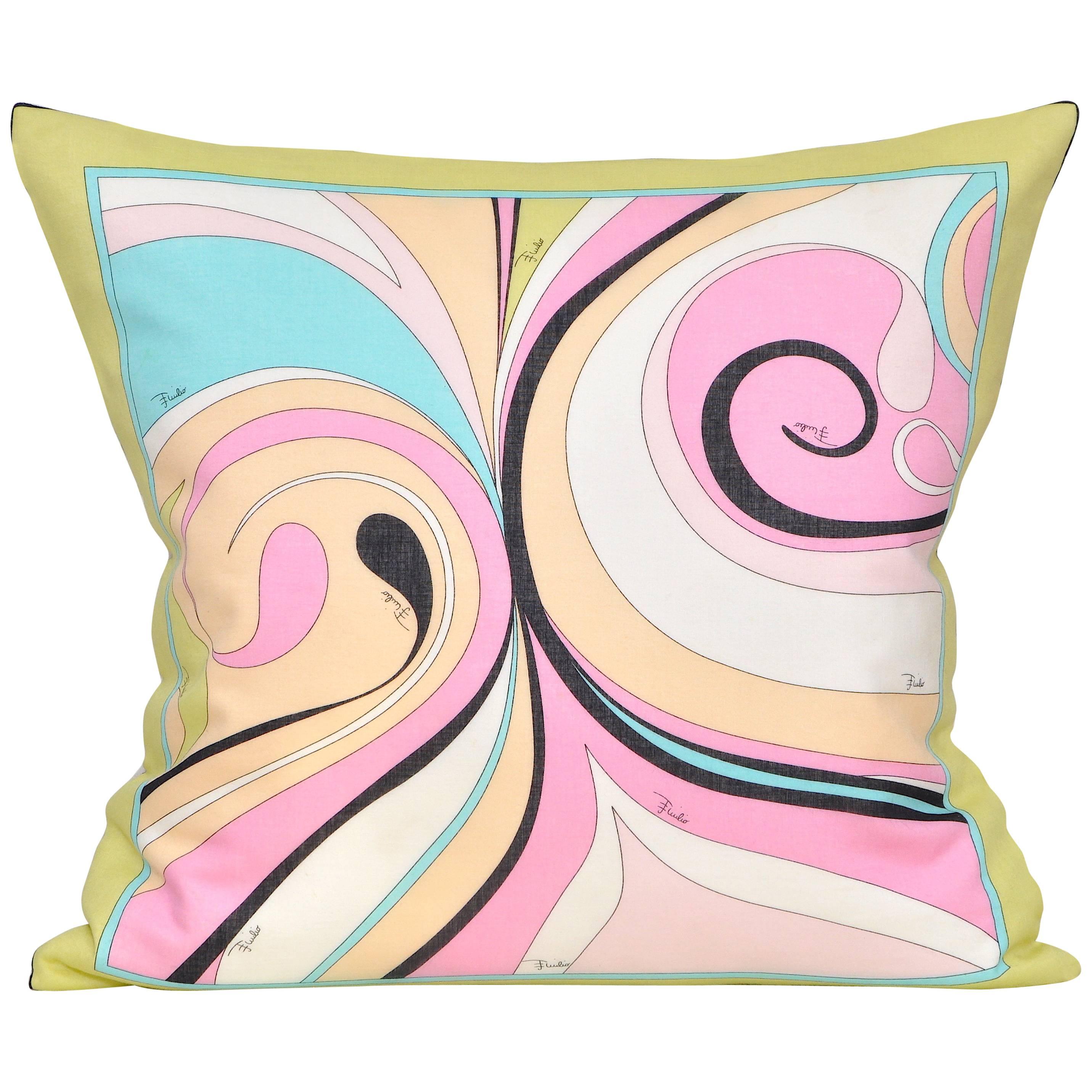 Vintage Pucci Pink Yellow Geometric Scarf and Irish Linen Cushion Pillow For Sale