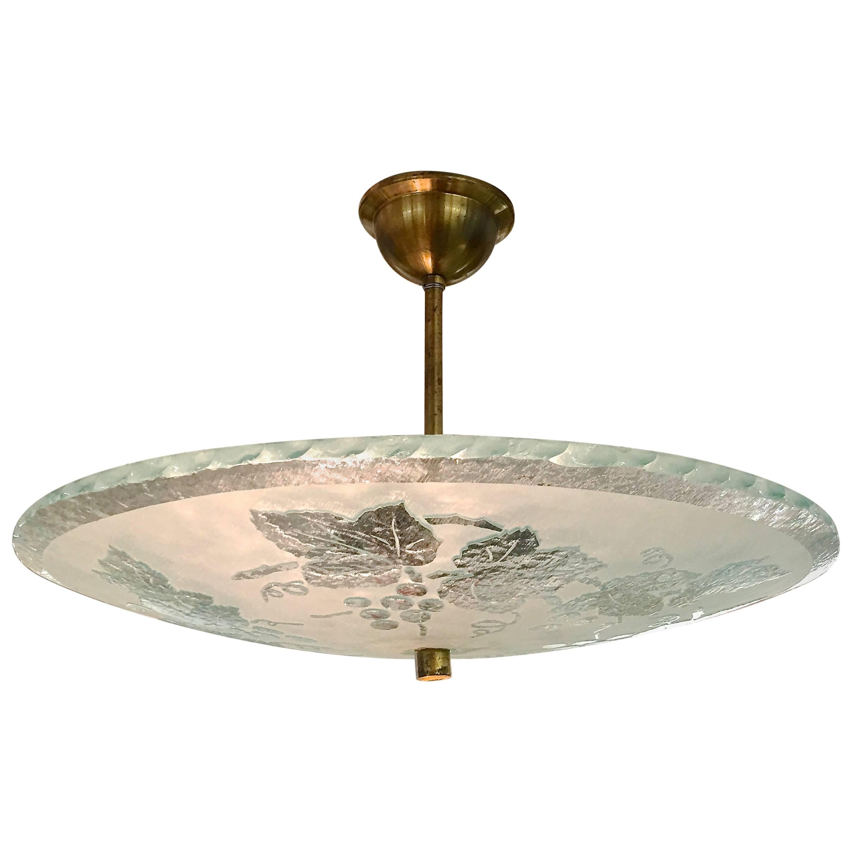 Swedish Etched Glass Bowl Pendant Light