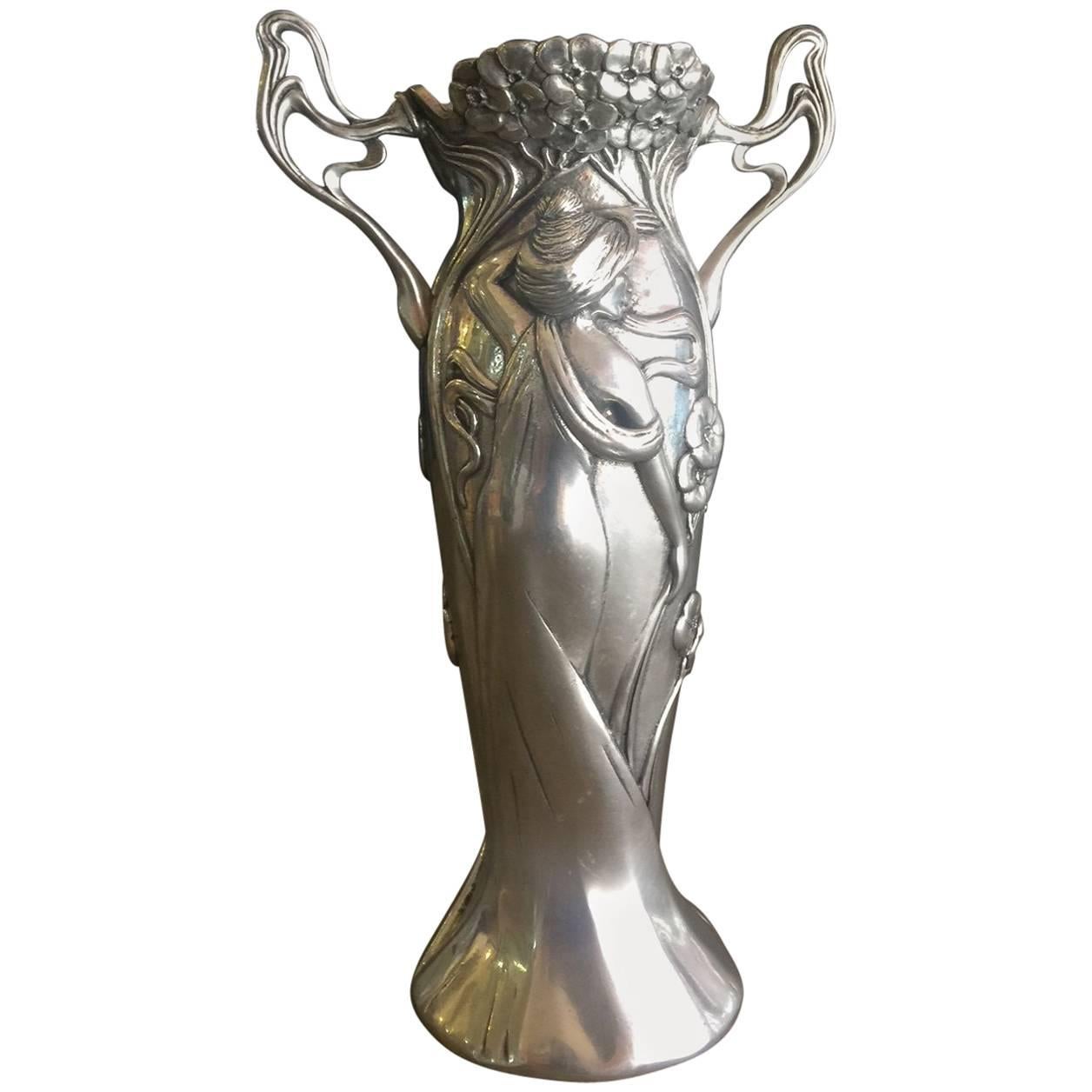 Striking Art Nouveau Serenity Vase in Pewter by A.E. Williams