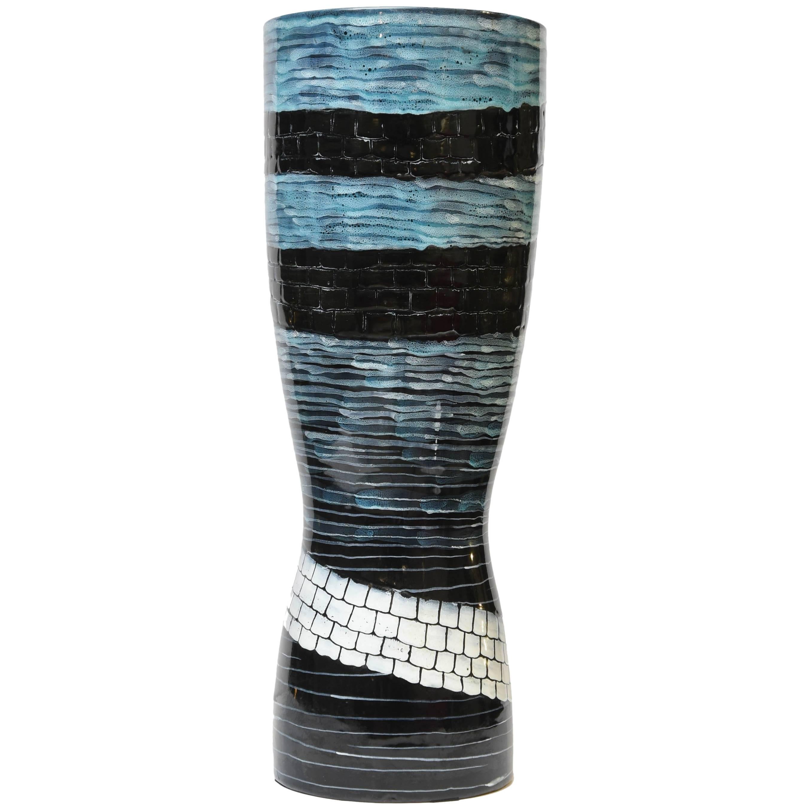 San Polo Otello Rosa's Majolica Vase, Light Blue, White and Black Mosaic Pattern