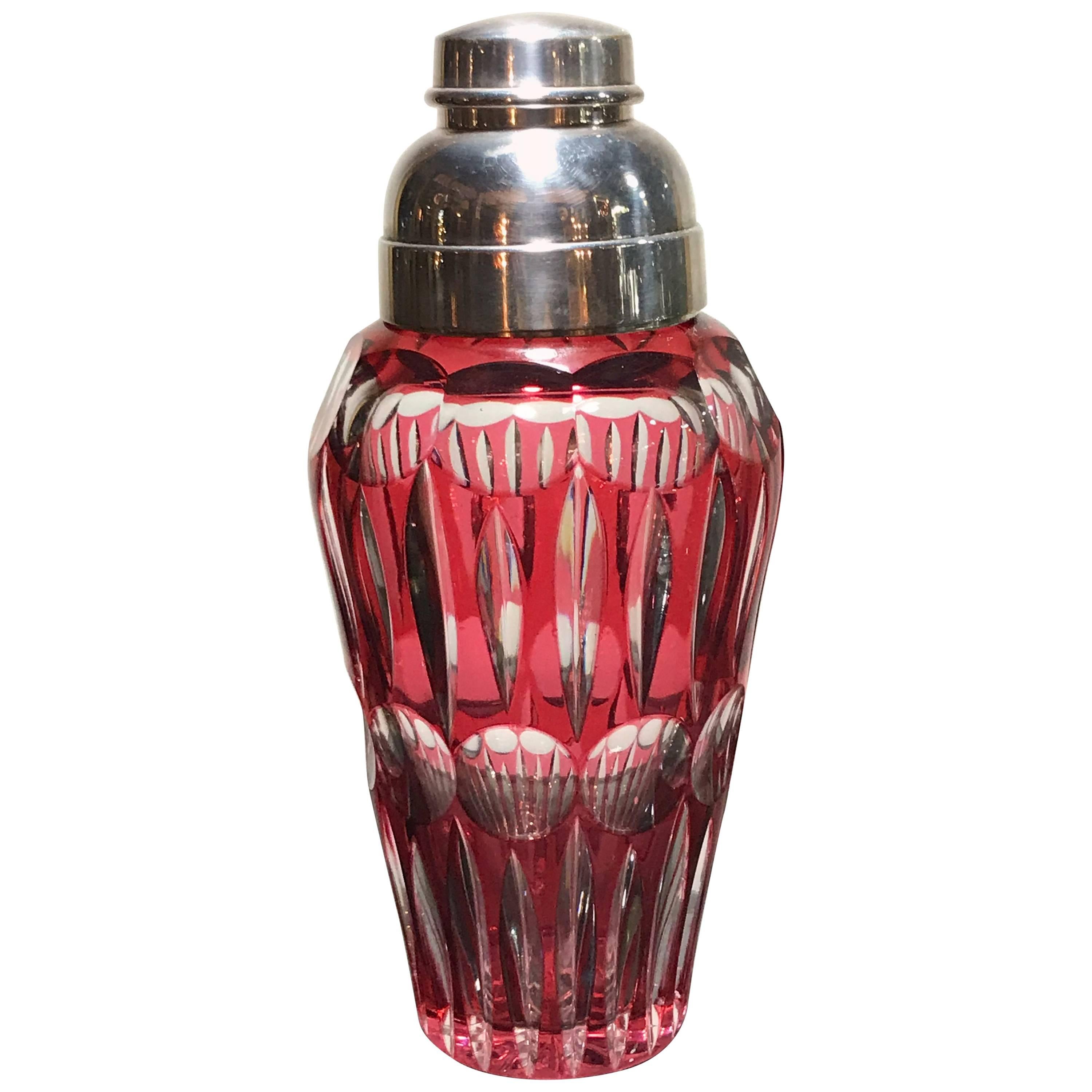 Cranberry Glass Cocktail Shaker with Silver Plate