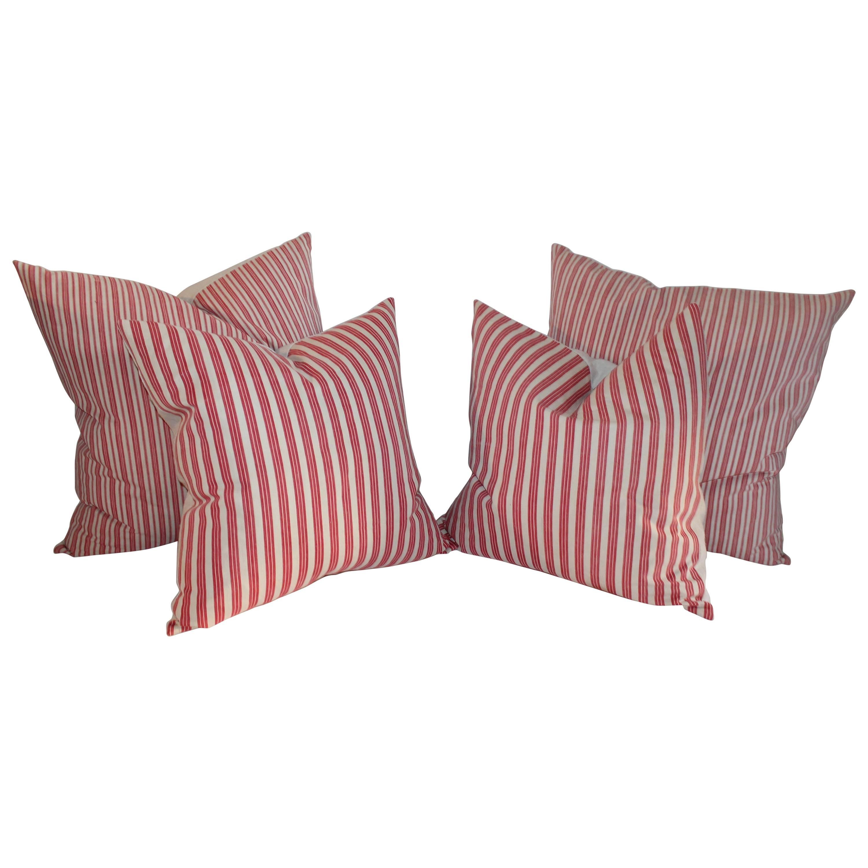 19th Century Candy Stripe Ticking Pillows, Pair