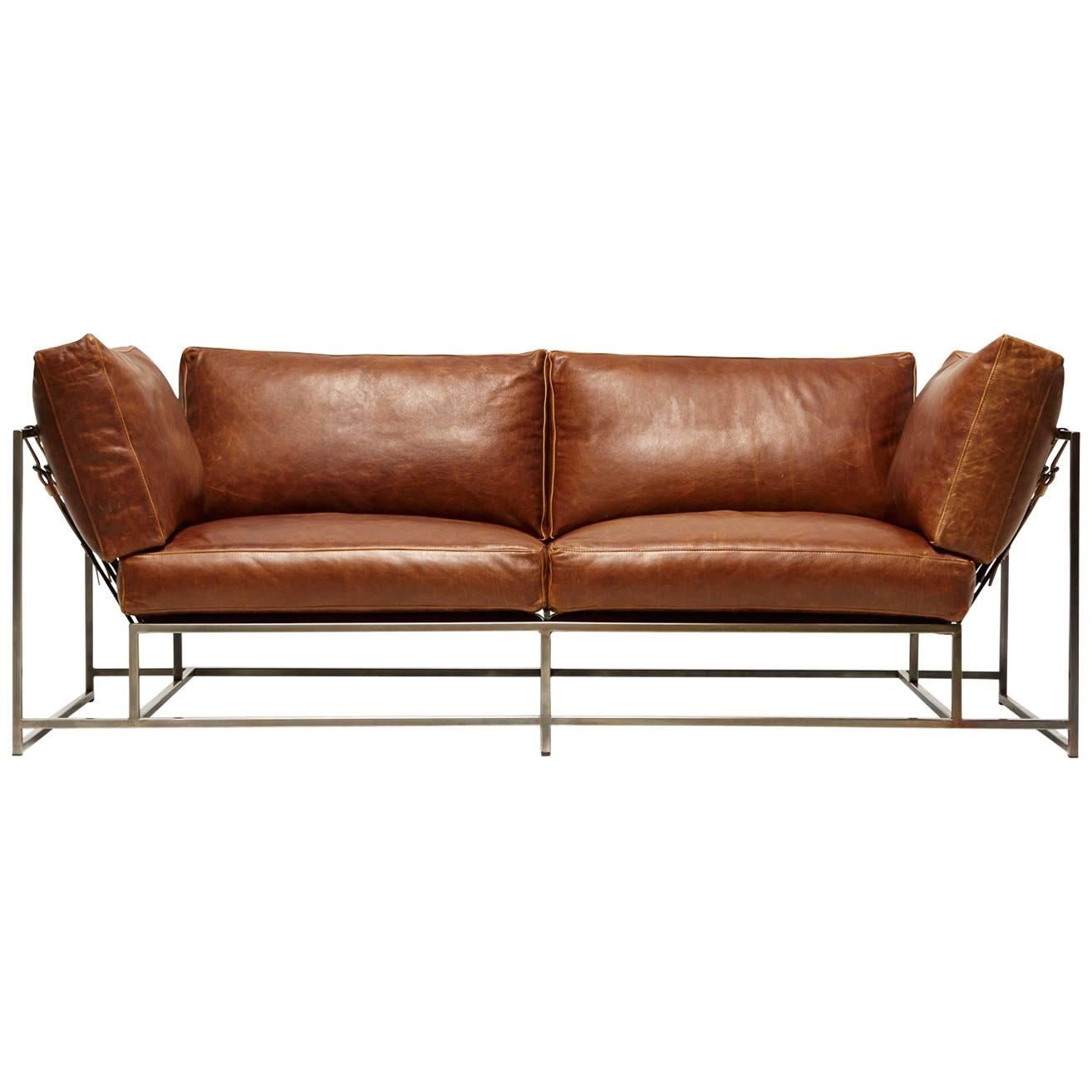 Potomac Leather and Antique Nickel Two-Seat Sofa For Sale